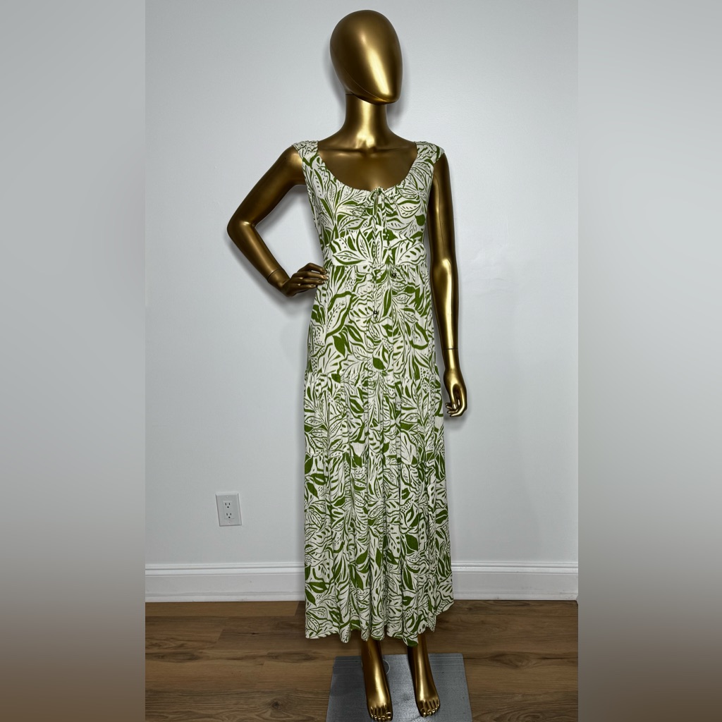 New Tropical Leaf Print Maxi Dress In Green-Cream Slit Tie Back - Size Large